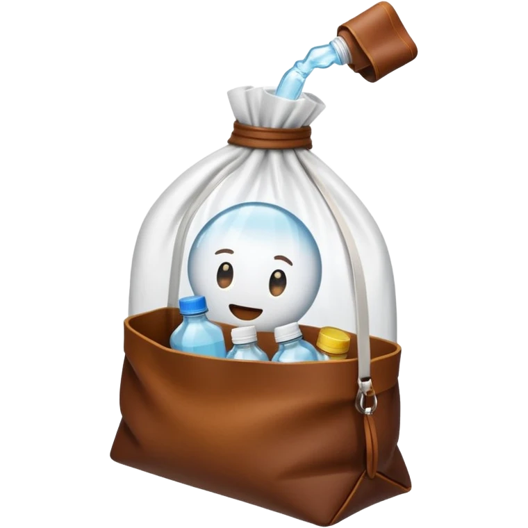 white transparent plastic bottles popping out of a leather brown bundle bag emoji