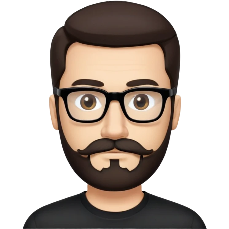 Caucasian male, medium-length straight dark brown hair combed back, thick dark eyebrows, rectangular black eyeglasses, full beard and mustache neatly groomed, neutral facial expression, wearing a black crew neck shirt. emoji