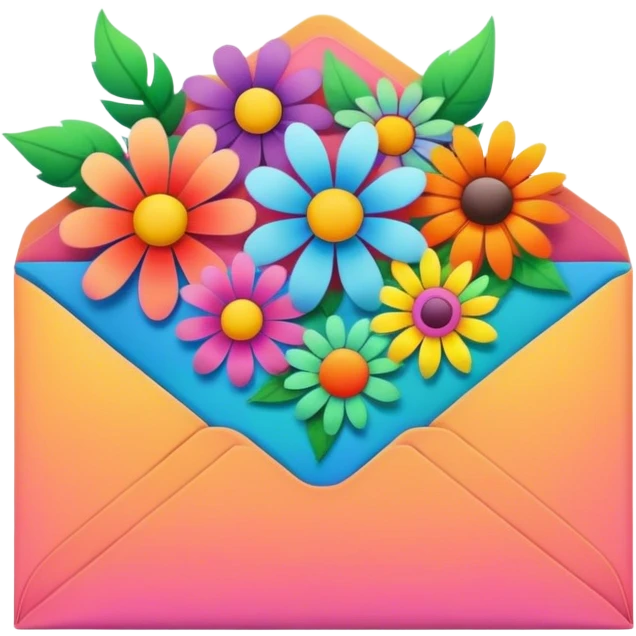 Psychedelic colored envelope surrounded by hippie style flowers emoji