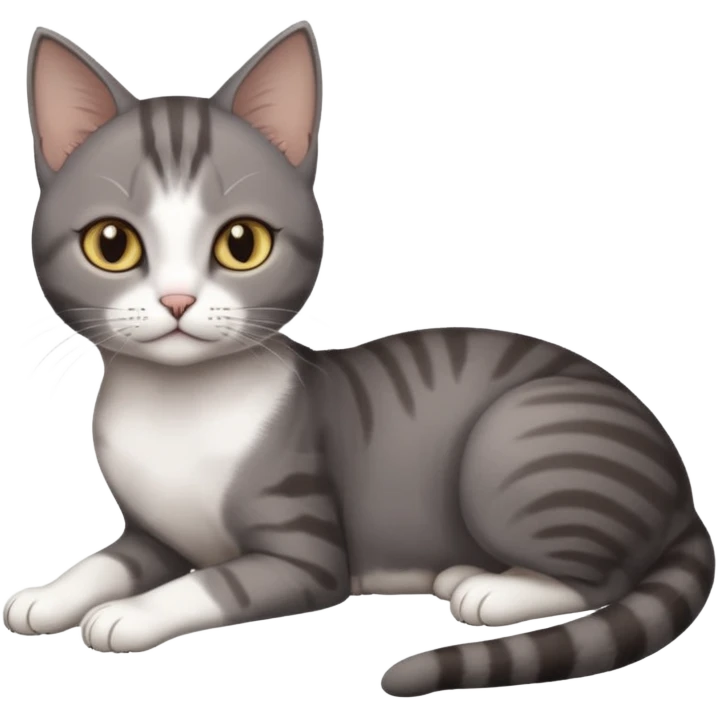 full body tiny short hair dark grey and white cat with white front legs anh azel eyes lying down emoji