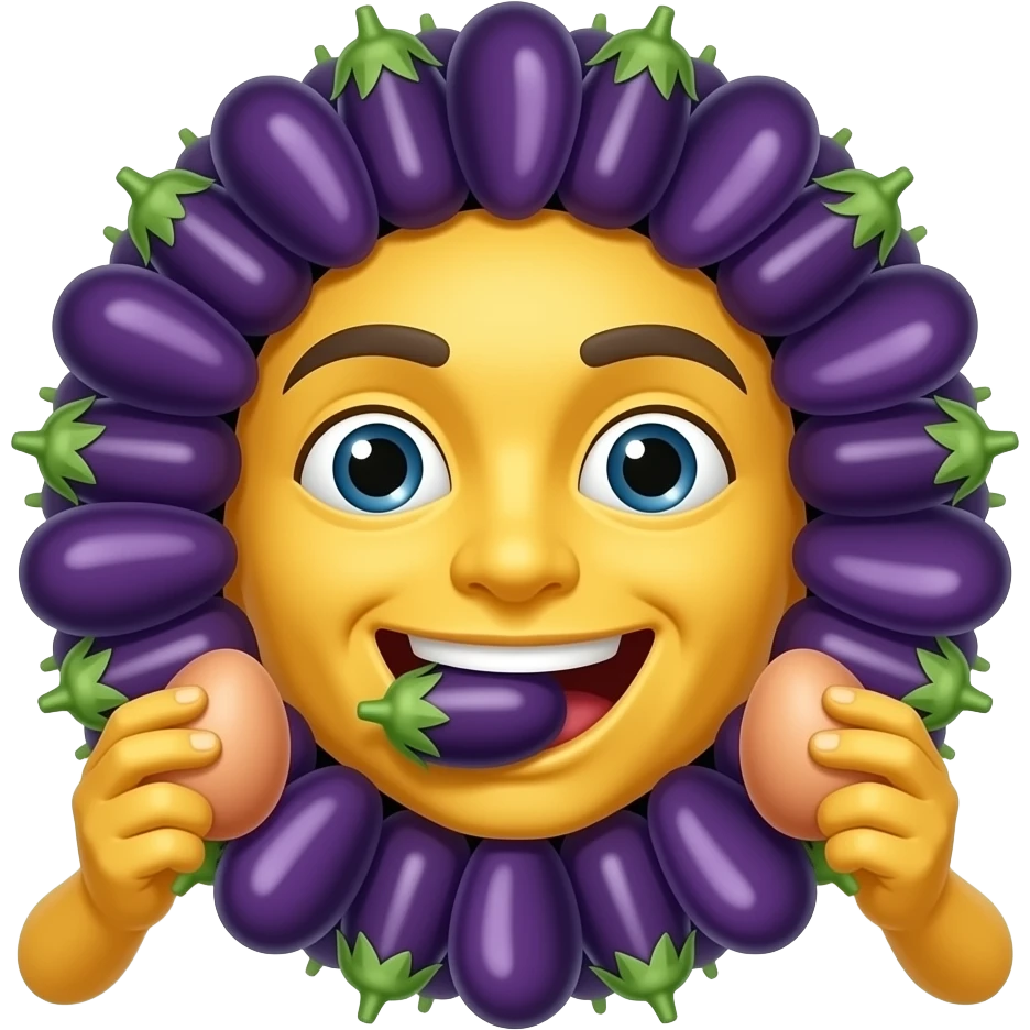 Yellow emoji face surrounded by multiple eggplants with 1 in mouth and 1 in each hand emoji