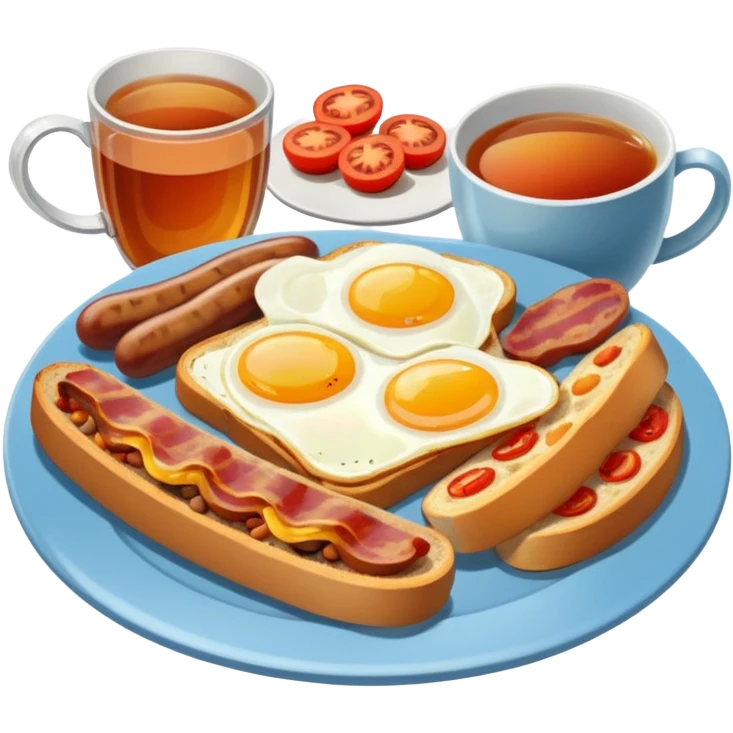 full English breakfast with eggs, bacon, sausage, beans, toast, and tomato with a cup of tea emoji
