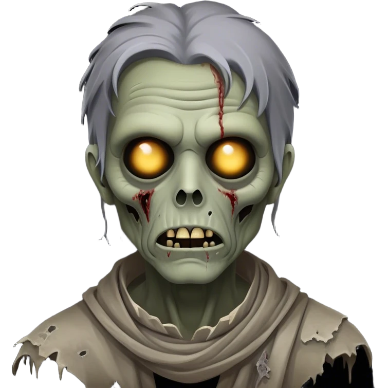 Cinematic Noble Zombie Portrait Emoji, Surprisingly dignified and somber, with a decaying yet strangely regal visage in ashen grays and muted tones, draped in tattered attire hinting at a lost grandeur, simplified yet meticulously detailed, glowing with a soft, eerie radiance and a gentle outline that evokes the tragic nobility of the undead! emoji