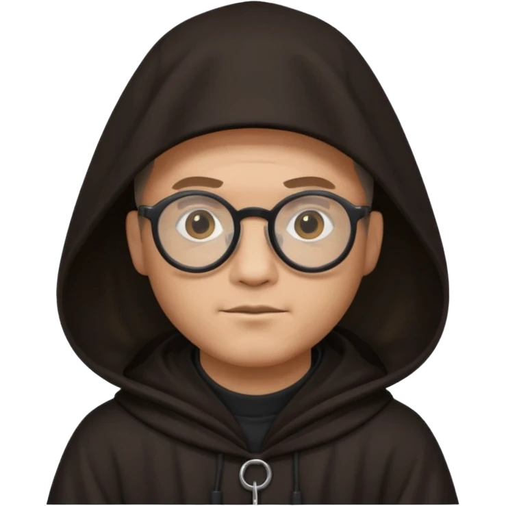 Monk priest prayer black habit with hood round black glasses done light brown wavy hair under hood  emoji