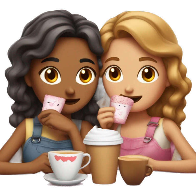 dos chicas de pelo café, durmiendo abrazadas con su gato café u corazones rosados flotando emoji
