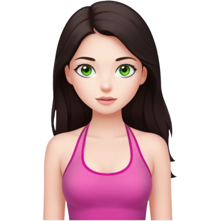 A pretty girl with white skin and very long dark brown hair and a green eyes and wears a pink tight halter tops emoji