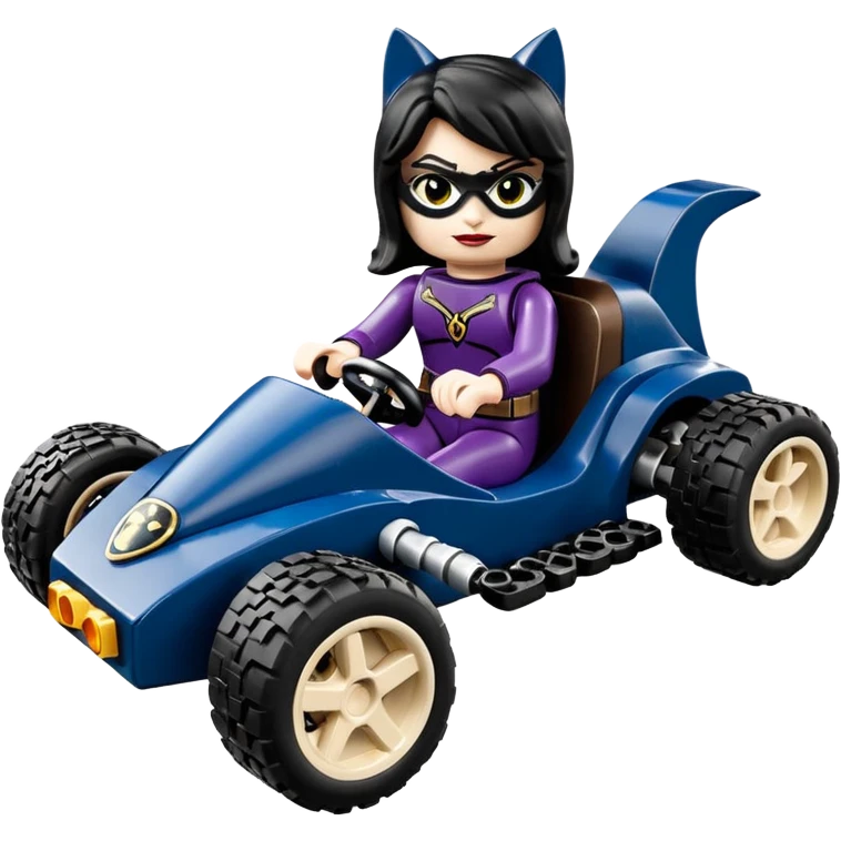 full size real-appearance road Lego racing sexy buxom CatWoman’s feminine midnight-colored tight outfit sixty’s tv show dark stealthy accurate sporty safe plush deluxe off-road pursuit drifting car jaguar (black hair,reclined and relaxed torso and shoulders back seating position) cross kart  emoji