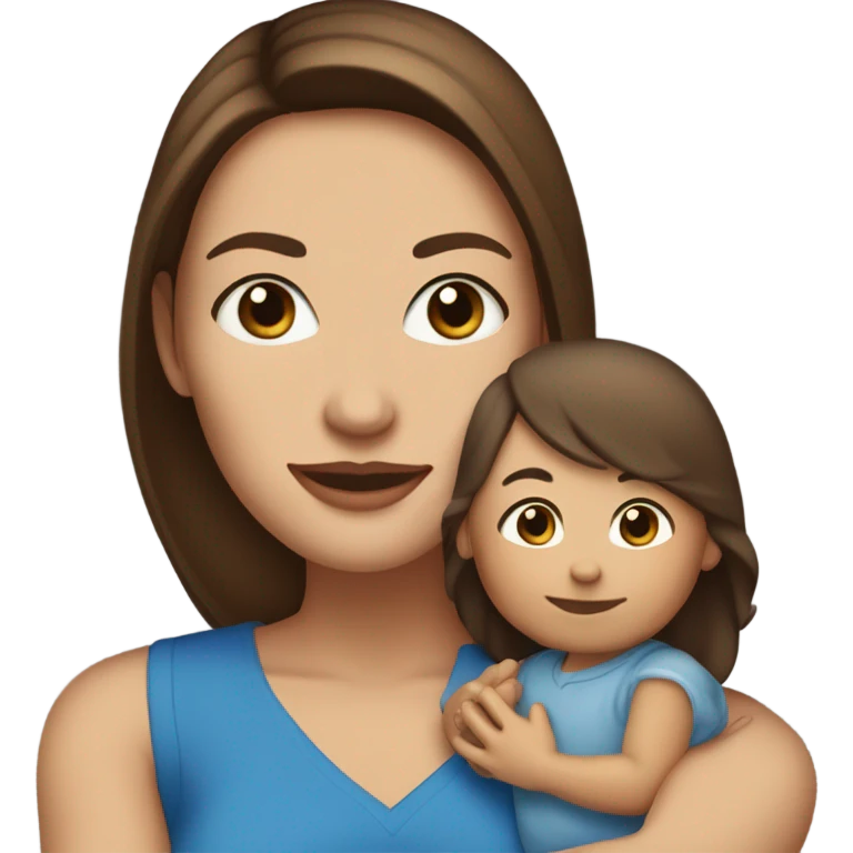 white woman, with straight long mid hair, dark brown hair, blue eyes, round face, uni-lips. holding her baby boy, one year old, brown skin, bit of hair straight brown smiling emoji