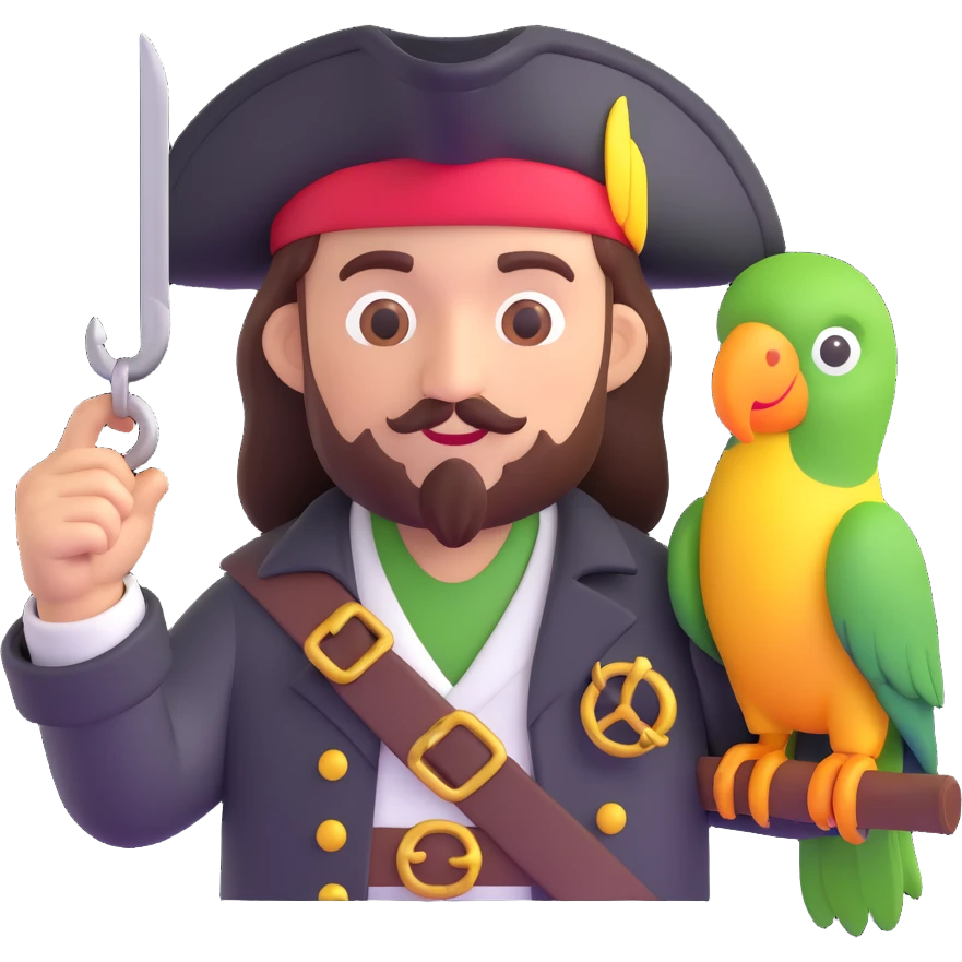 3D style pirate emoji with hook hand and parrot on shoulder emoji