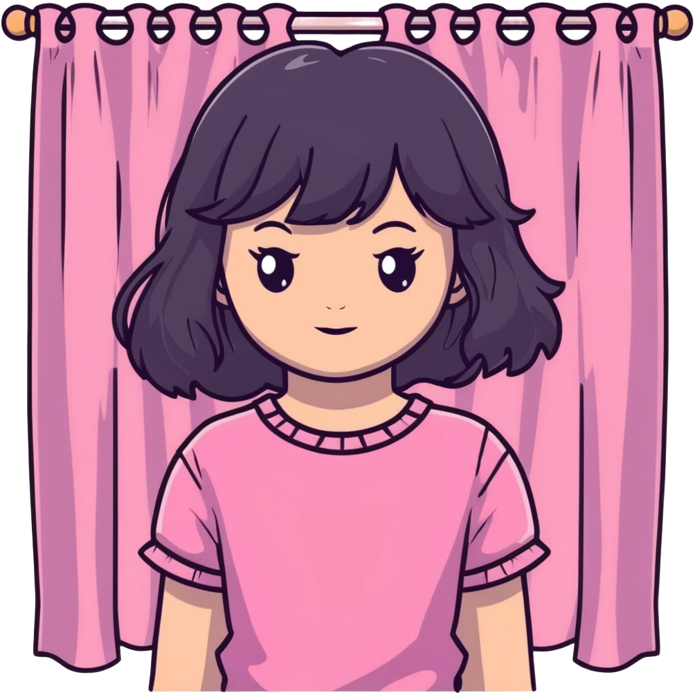 White girl with chest length black wavy hair with curtain bangs, gray eyes, wearing a pink top emoji