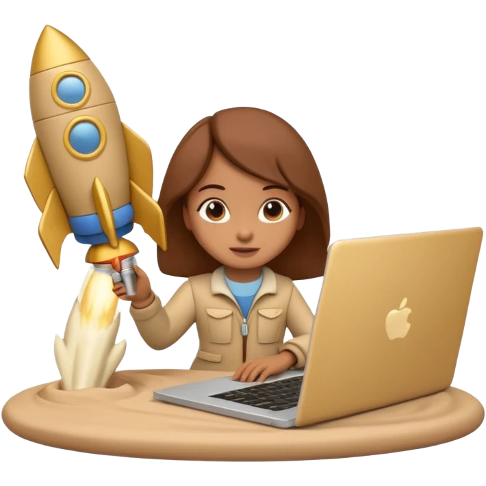 3D clay character with laptop and small rocket launching, cute rounded style, deep green (#0B3D2C), gold rocket, cream laptop, soft shadows, transparent background emoji