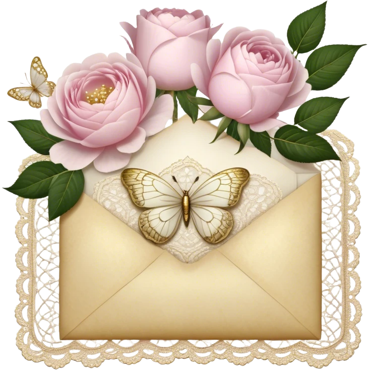 A delicate still life of an aged love letter sealed with golden wax, placed on a vintage lace doily, accompanied by a bouquet of pale pink roses and white peonies, with a shimmering pearl butterfly resting on the envelope. emoji