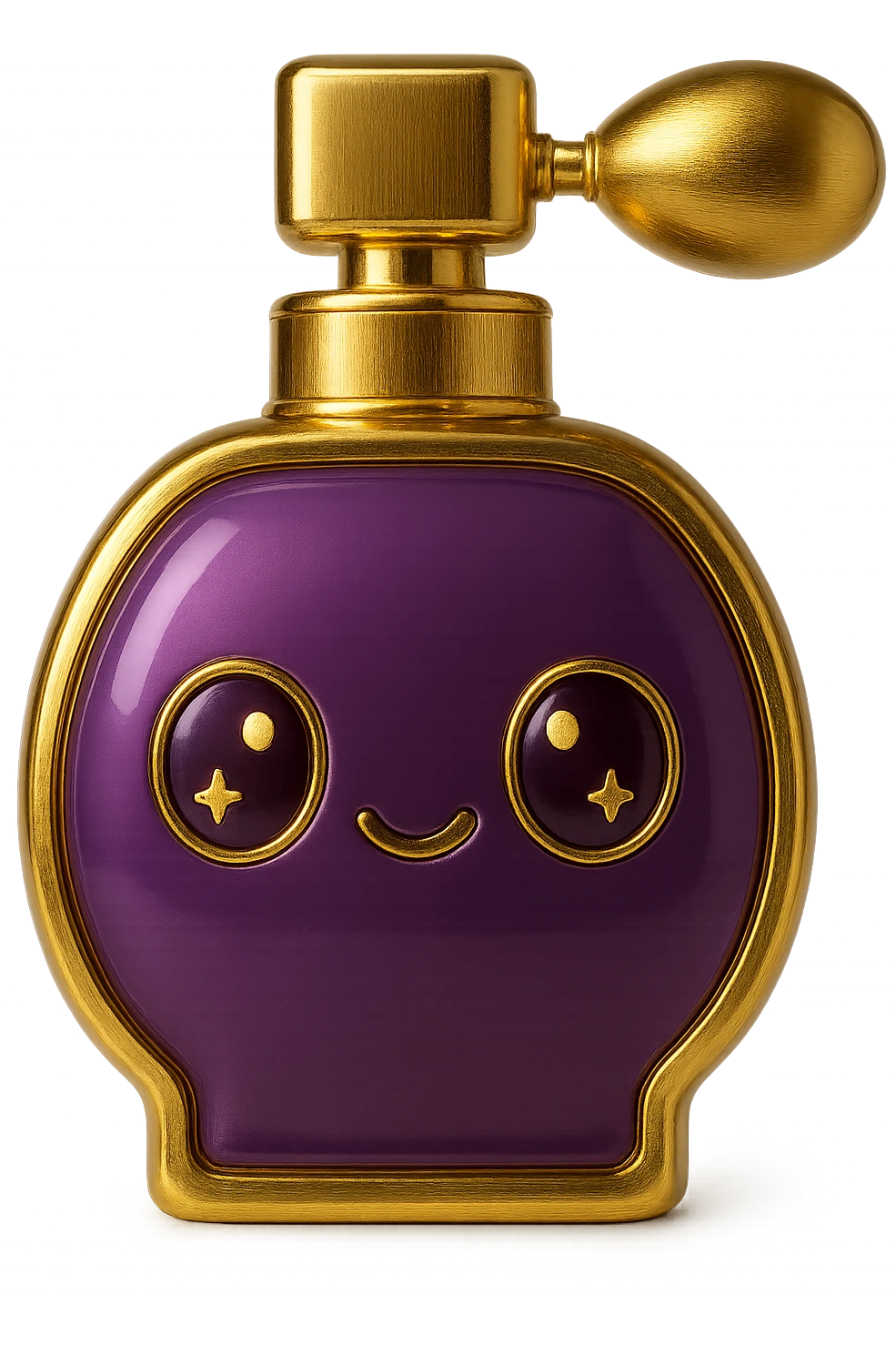 Make this purple perfume bottle look more luxurious with elegant details and add gold accents. Keep the background transparent. emoji