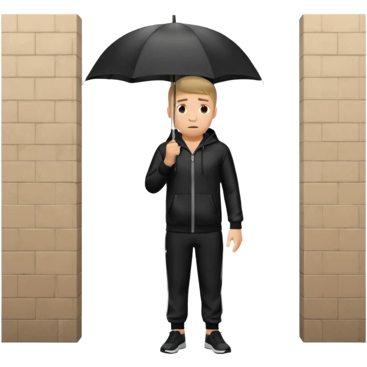 Guy standing against wall holding umbrella in rain  with a black jogging suit looking confused emoji
