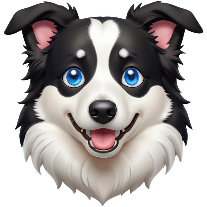 Cinematic Comical Border Collie Portrait Emoji, Head tilted dramatically with an exaggeratedly shocked or offended expression, featuring a striking black and white coat and wide, expressive blue eyes filled with exaggerated disbelief, Simplified yet hilariously expressive features, highly detailed, glowing with a slightly sassy glow, high shine, dramatic yet playful, stylized with an air of attitude, bright and endearing, soft glowing outline, capturing the essence of a sassy and over-the-top herder, so meme-worthy it feels like it could side-eye its way into internet fame instantly! emoji