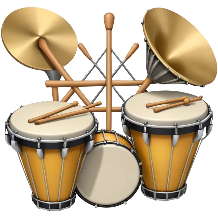 Create a heraldic, festive, and professional emblem-like emoji representing percussion instruments. The design should resemble a traditional crest, featuring a variety of percussion instruments such as cymbals, triangle, tambourine, maracas, timpani, bongo drums, and other traditional folk percussion instruments. Arrange them symmetrically, with cymbals crossing each other, the triangle at the center, and timpani or bongo drums flanking the sides. Include tambourines and maracas prominently, adding rhythm and texture. A flowing ribbon of musical notes should elegantly weave through the instruments, enhancing the sense of movement and celebration. Add intricate decorative patterns on the instruments, along with ornamental swirls, laurels, or flourishes to elevate the festive and heraldic feel. The overall composition should be balanced, harmonious, and visually striking, with an elegant and professional look. The background should be transparent. emoji