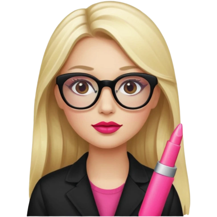 A blonde woman, long hair and long eye lashes, red blushes and little pink lipstick and highlighter, lipgloss, black glasses emoji