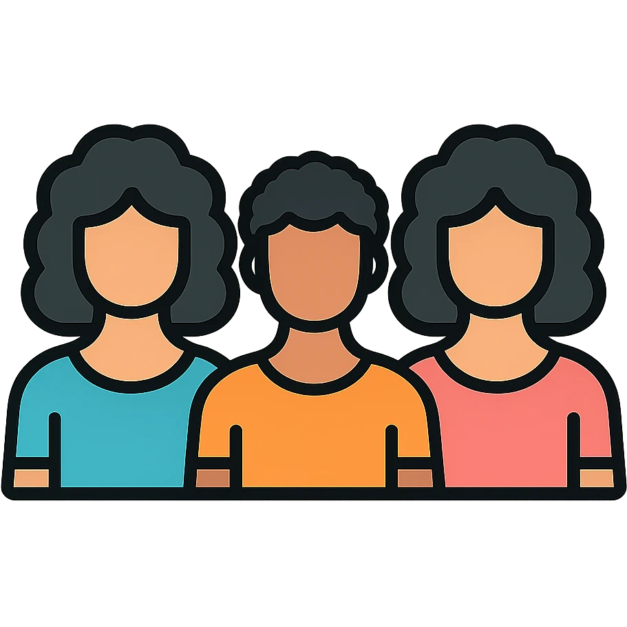 Three women with curly hair standing together, two with shoulder-length black curly hair and one with short black curly hair emoji