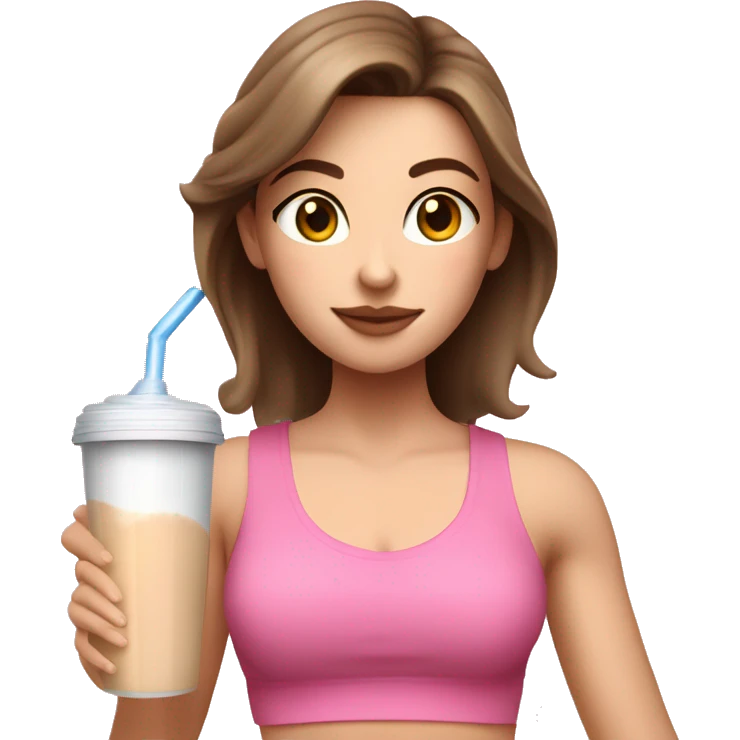Brown haired white girl in pink croptop drinking protein shake emoji
