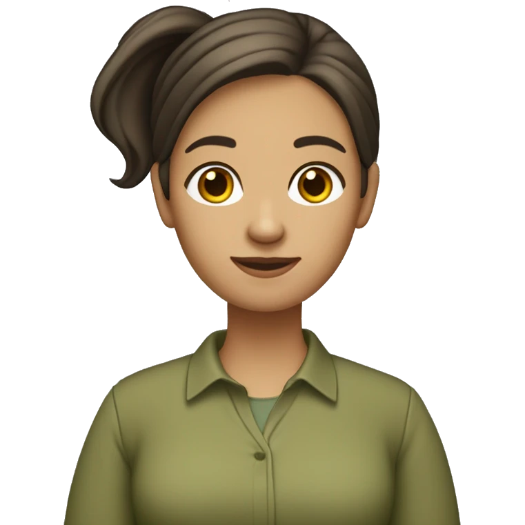 one teacher that has a laptop, no glasses, really dark brown hair in a ponytail. medium skin tone, a olive green shirt. emoji