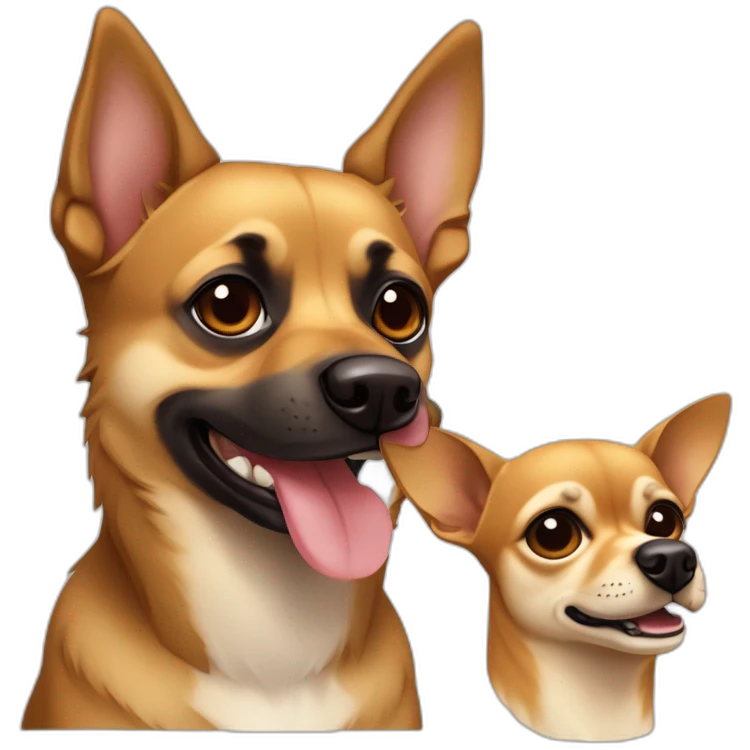 mutt dog with small german shephard head but larger chihuahua eyes and large overbite with left upper sharp canine tooth a crooked and sticking out mouth emoji