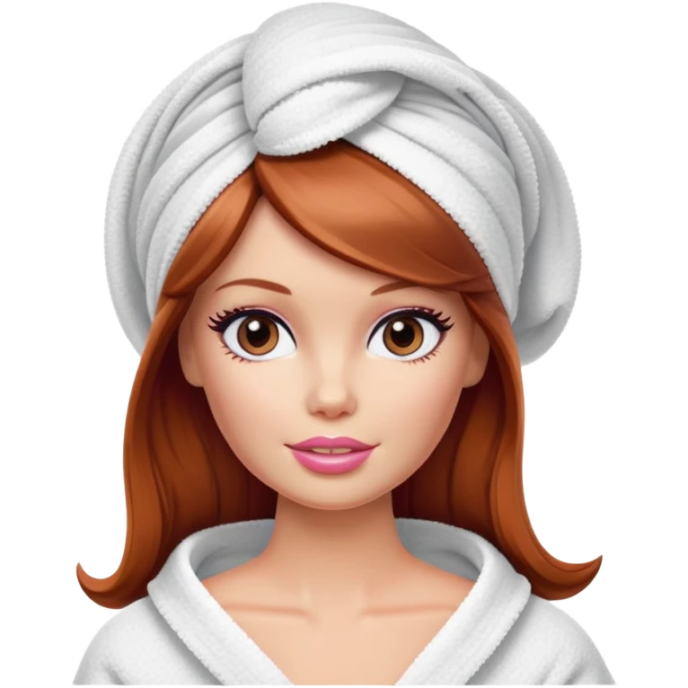 A Barbie face with shoulder-length reddish brown hair, makeup with cream on face and a towel on her head emoji