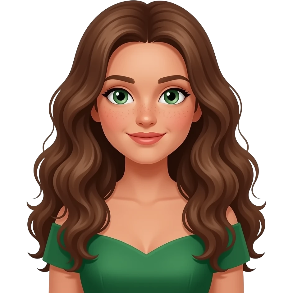 femme, légèrement mate de peau, cheveux très longs bruns bouclés, yeux verts, quelques tâches de rousseur, en robe verte pour mariage emoji