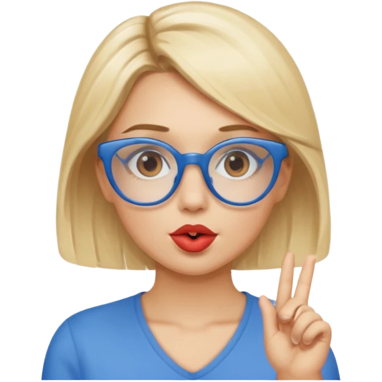 Blonde women with brown eyes, blue glasses blowing a kiss emoji
