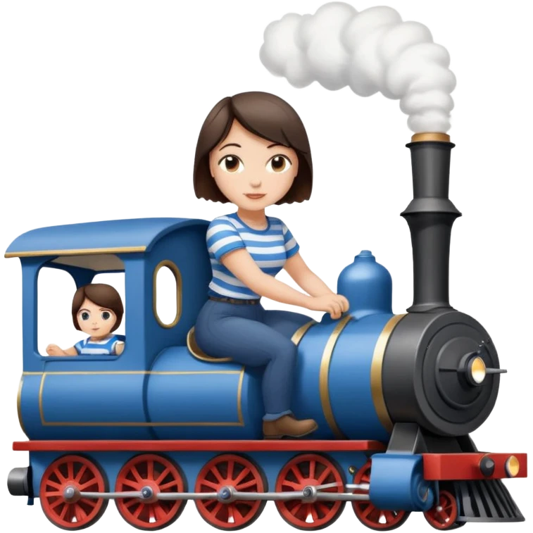 Pretty, sexy, slightly curvy white woman with short dark brown hair, wearing a blue and white striped tee shirt, riding a steam train emoji