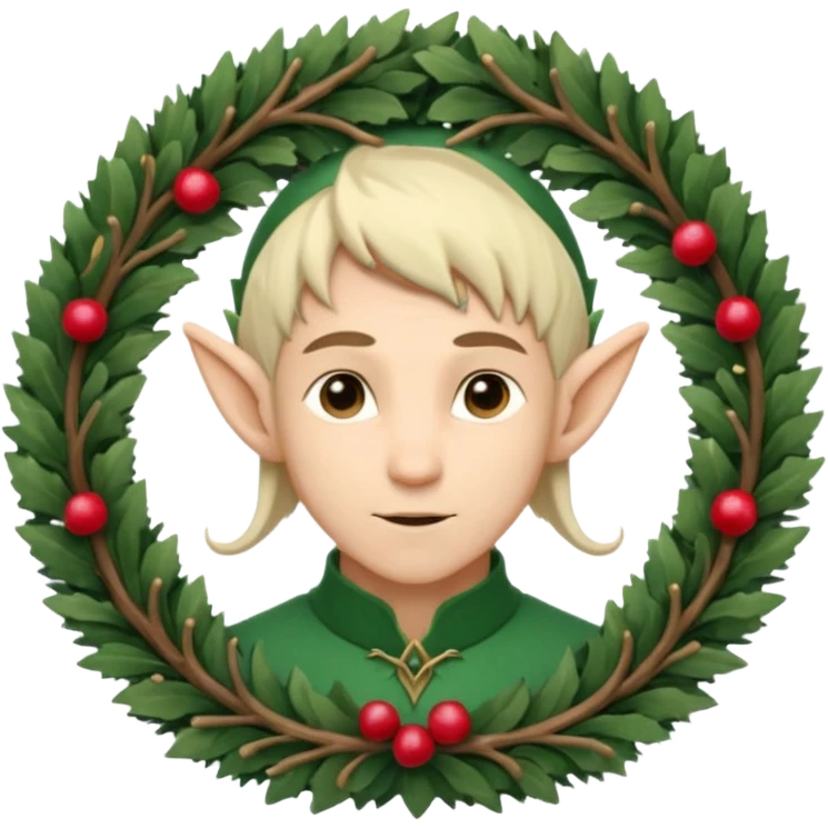 Fantasy elf portrait emoji, winter forest wreath made of pine branches and berries, elven ears visible, calm elegant expression, clean simple design, soft winter colors, flat emoji style, high readability, male variant
 emoji