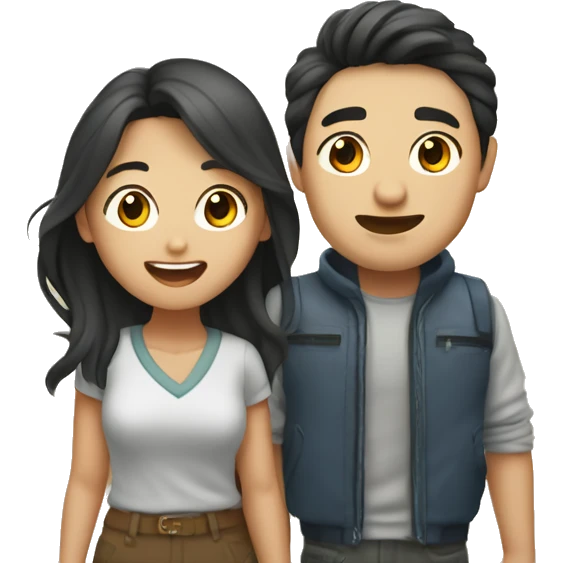 Cute Asian couple (girl with wavy long hair guy with short straight hair) excitedly traveling  emoji