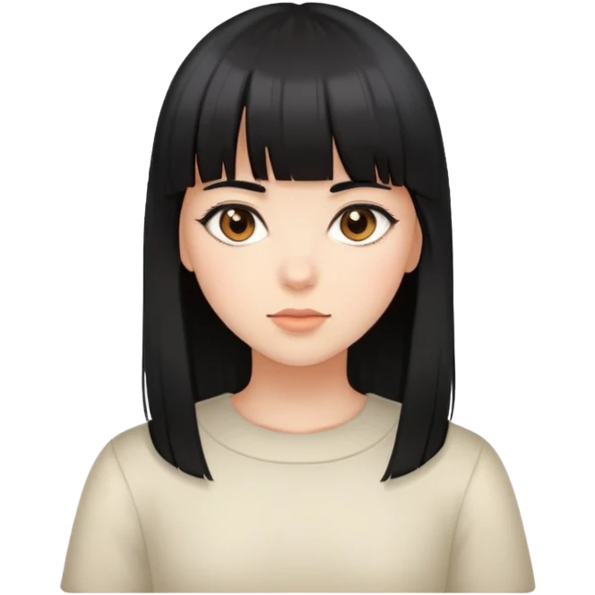 Uma garota de cabelos liso preto e franja. Pele branca e olhos castanhos  emoji