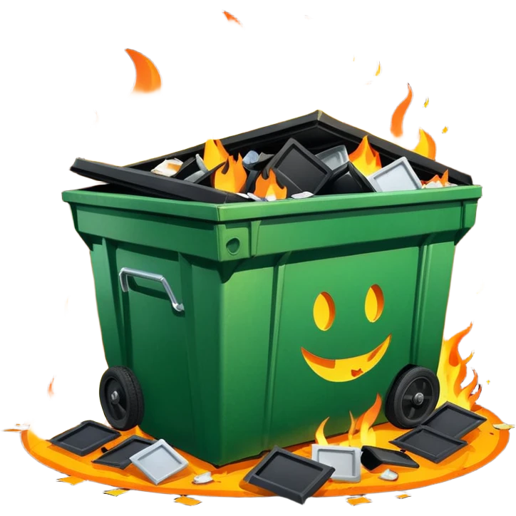 Green dumpster with a black partially open lid. surrounded by pieces of trash on the ground arount it. orange flames are buring lare an bright inside the dumpster. dumpster is smiling emoji