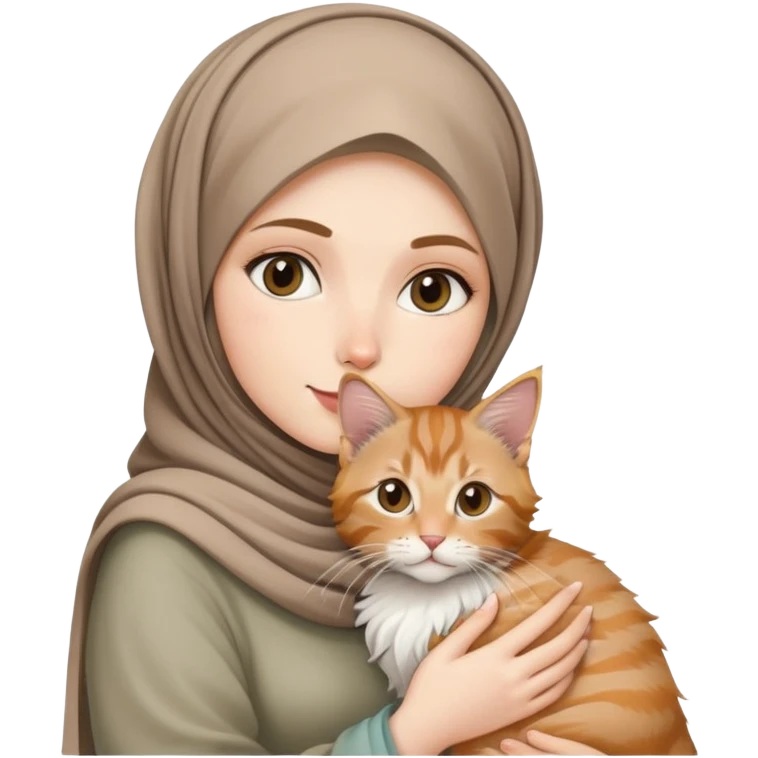 White girl wearing hijab holding nude mainecoon cat emoji