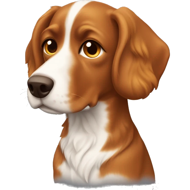 French brittany dog with wavy hair. Face is all brown. Little bit of a light orange under his eyes/up his snout. Light orange eyebrows. Head is brown in color. Wavy brown ears. Ears are all brown.  emoji