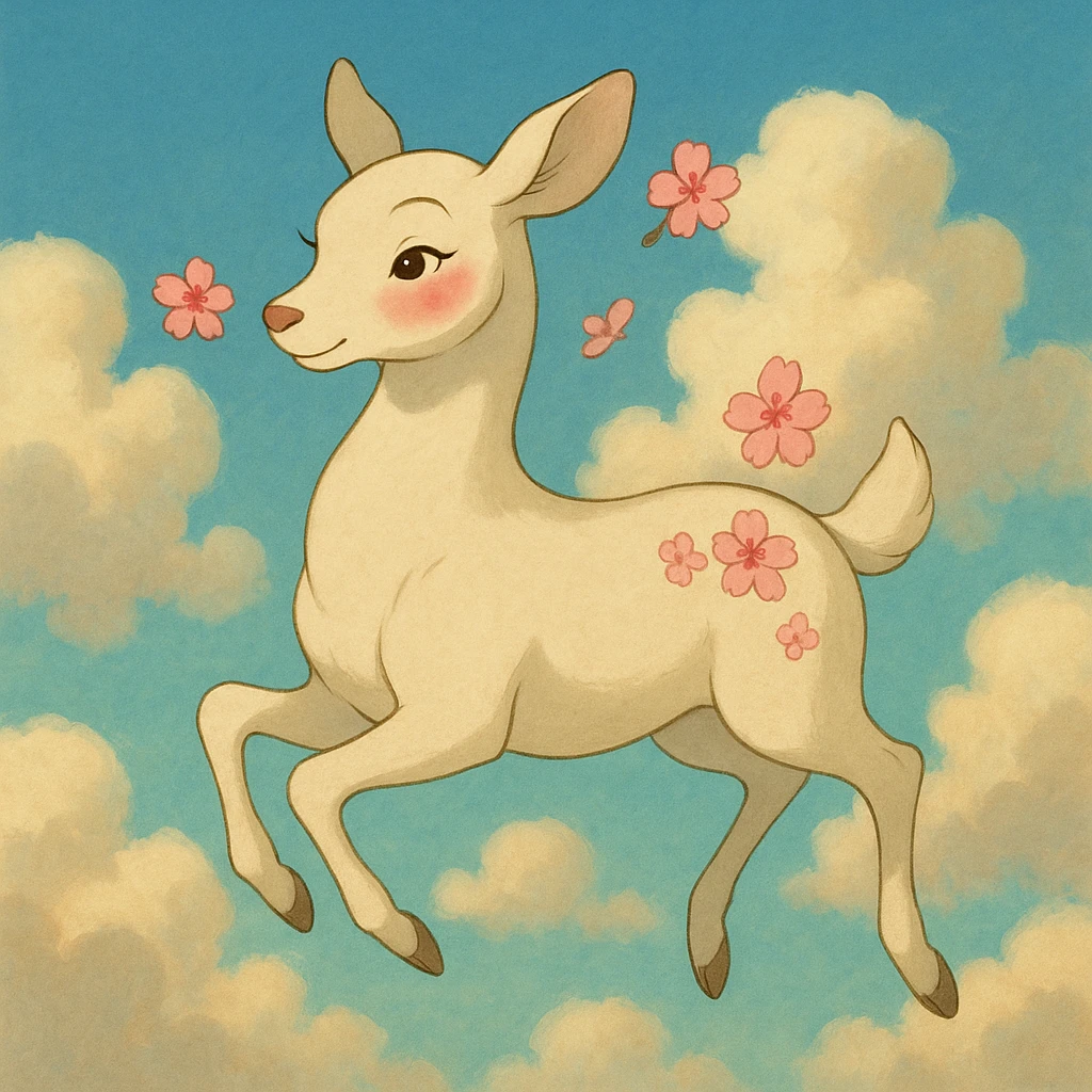 feminine adult vanilla cloud doe, floating gracefully with rosy cheeks and cherry flowers, in a soft, magical Ghibli-Pixar style emoji