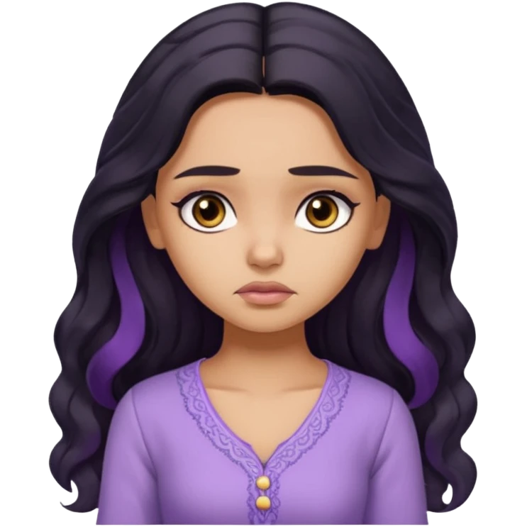 a pretty tan bratz girl with long wavy black hair, wearing a light purple kurti. looking sad emoji