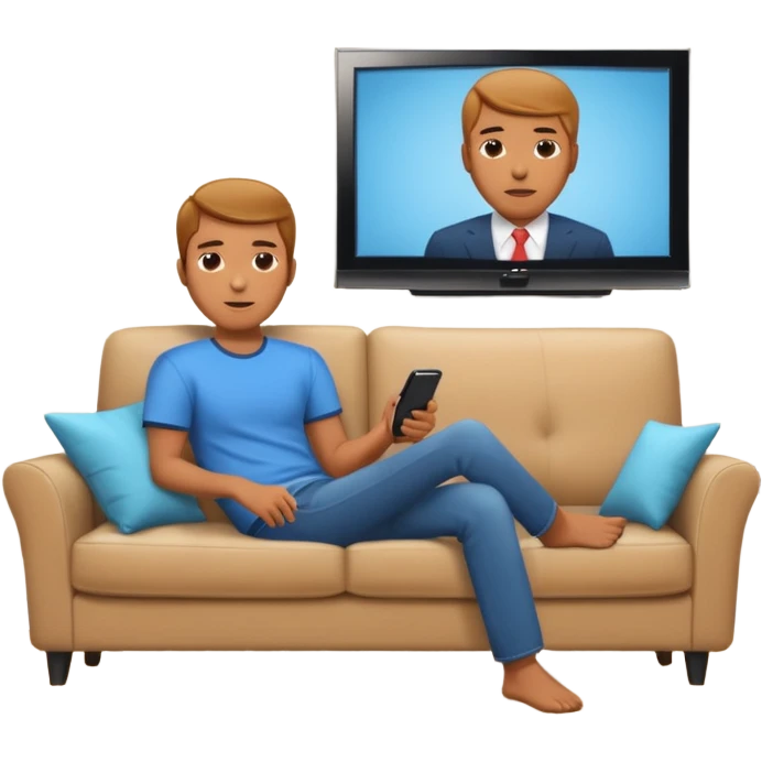 A man photographed from behind, sitting on a sofa and watching the news on TV on a modern flat screen. The setting is a living room. emoji