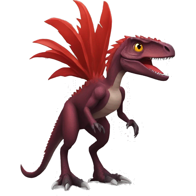 Cool edgy Maroon-colored velociraptor with bright-red spiky mane full body emoji