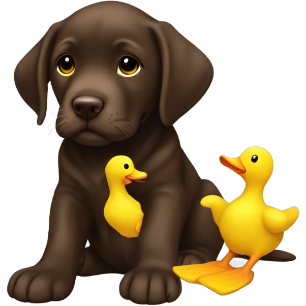 Chocolate lab puppy with yellow duck plushie emoji