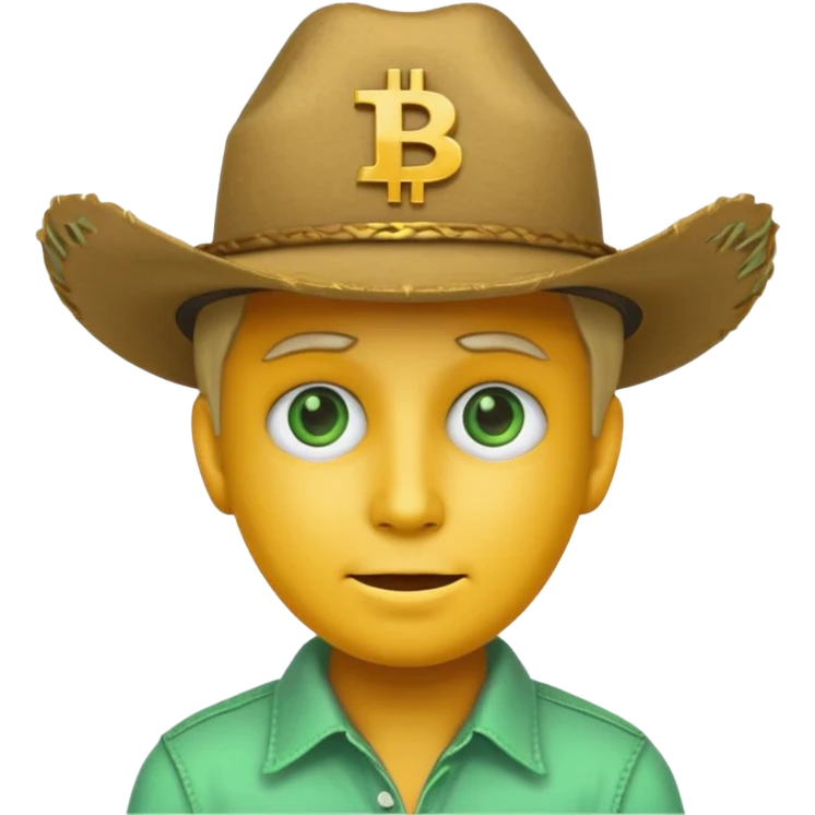 unisex yellow face emoji with a minty green cowboy hat that has '100x' on it, and Bitcoin logos as eyes emoji