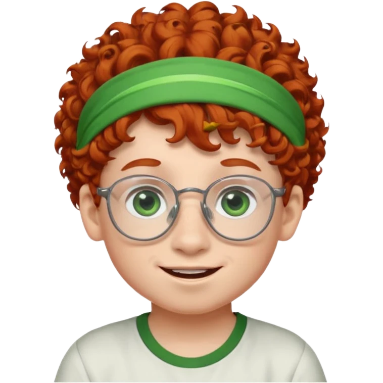 redhead kid with unique face features and very curly hair kid boy happy and big glassess and big nose and very green eyes and headband emoji