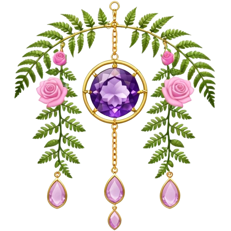 Hanging suncatcher, gold chains with shiny sparkly amethyst and rose-quartz gemstones, roses, fern-leaves  emoji
