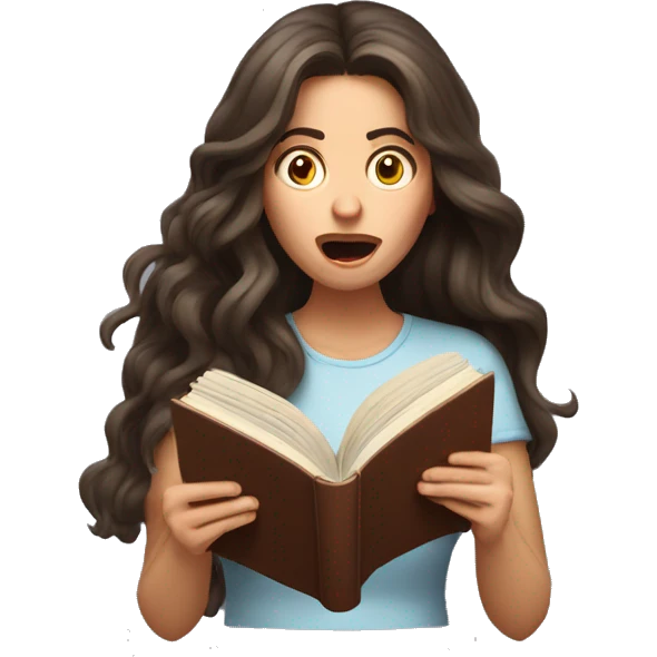 brunette long wavy hair woman shocked face while holding and reading book emoji