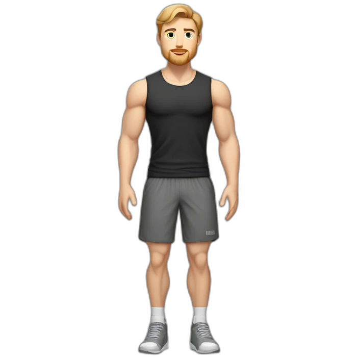 Full height Pale skinned fit man With biceps, Realistic eyes and mouth, light brown hair and stubble In dark gray sleeveless mike, black oversize sports shorts, watch and white sneakers. emoji