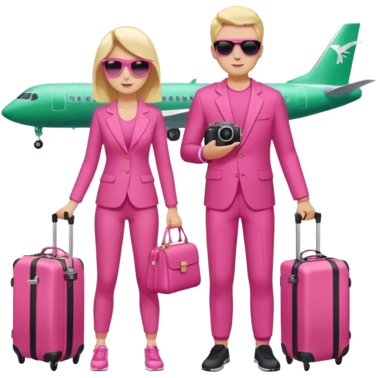 Девушка и мужчина вдвоем стоят в аэропорту с чемоданами. На фоне самолет в и табло с рейсами. Девушка в спортивном розовом костюме, мужчина тоже в спортивном зеленом костюме. Девушка держит дамскую сумку розовую. Мужчина держит фотоаппарат в руке и на нем солнцезащитные очки черного цвета  emoji