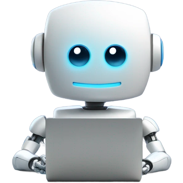 Cute happy robot behind computer writing code emoji