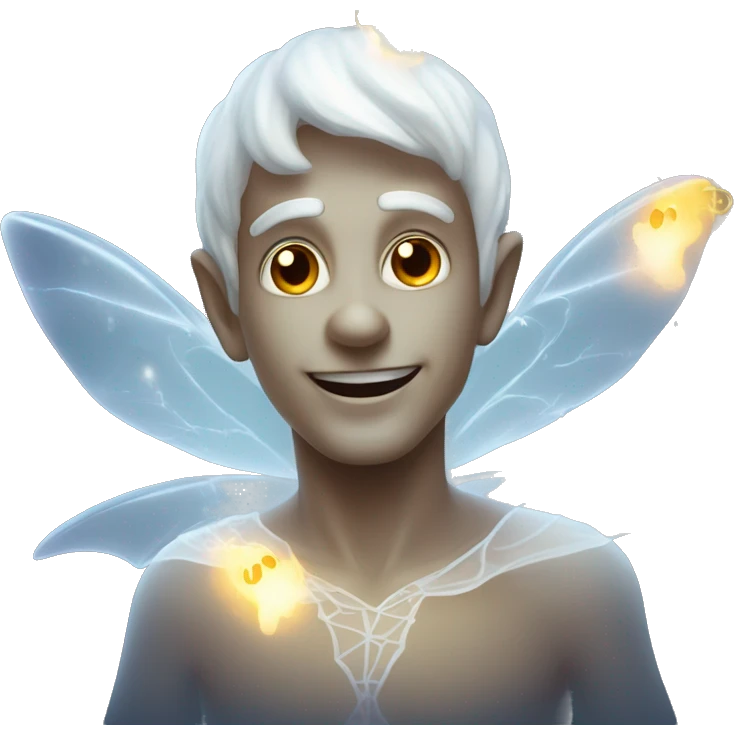 Elf male ghost fairy in a translucent dress, ephemeral wings, surrounded by glowing ghostly lights, Halloween theme, emoji emoji