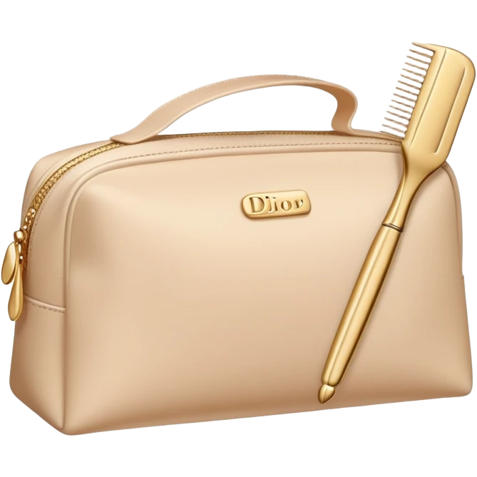 A comb, an elastic band, a hairpin and face cream are in a beige cosmetic bag like dior emoji