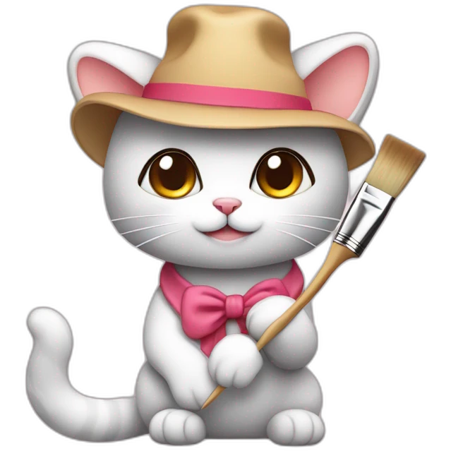 Kawaii cat artist in hat with palette and brush so it can be used as a mouse cursor emoji